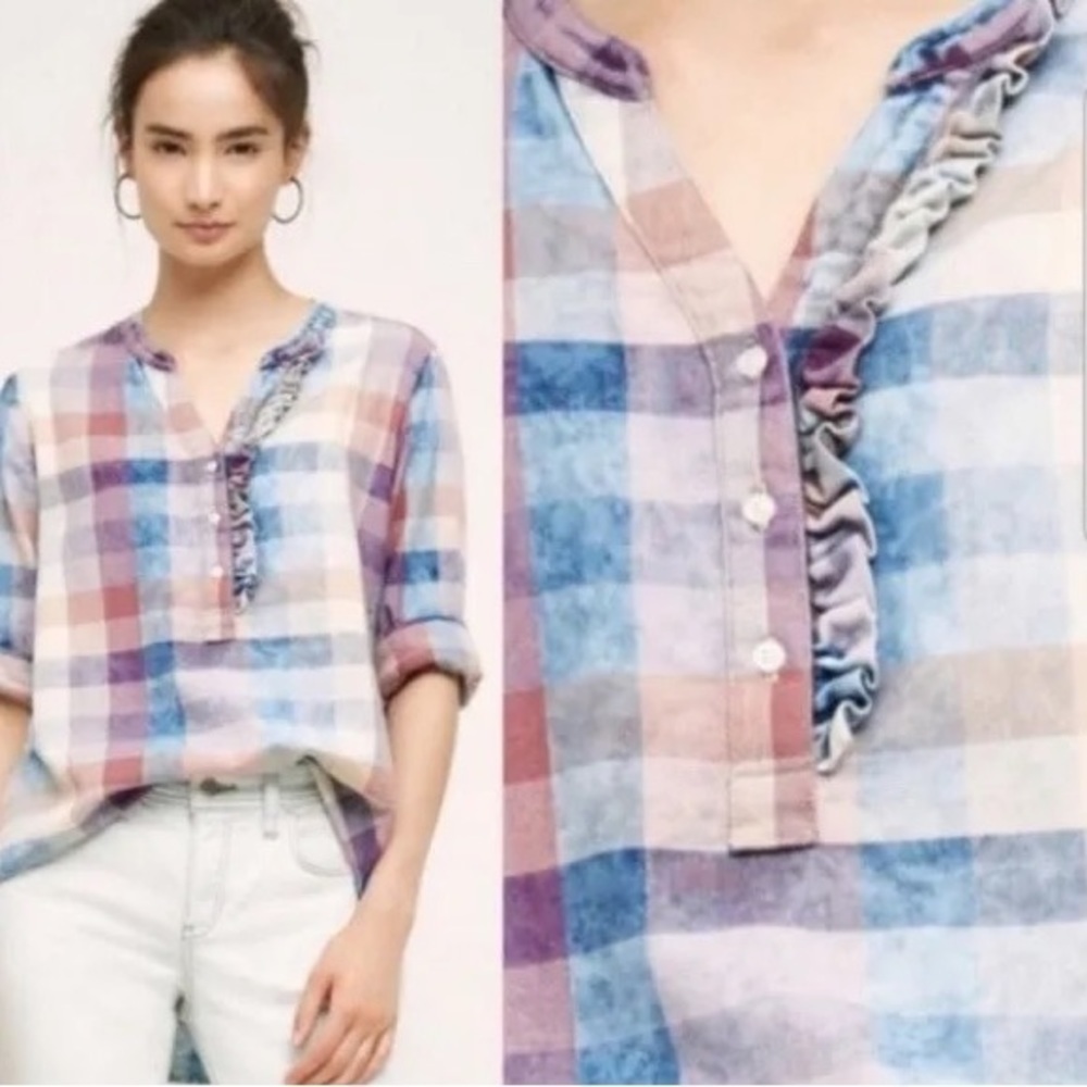 ANTHROPOLOGIE Isabella Sinclair Ruffled Plaid Henley Top Pastel coastal cowboy